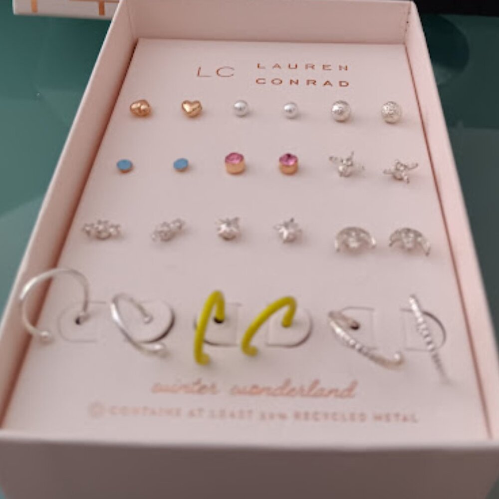 LC LAUREN CONRAD 12pc Gold+Silver Heart/Moon/Star Multicolor Stud+Hoop Earrings - Picture 2 of 5